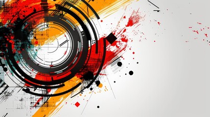 Abstract digital art featuring vibrant red, black, and yellow splashes with circular patterns