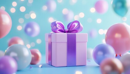 Pastel gift box surrounded by balloons and confetti