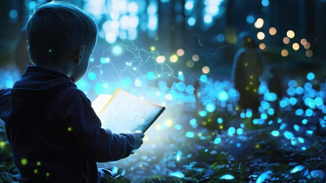 A young boy stands in a mystical forest, holding a mysterious map, surrounded by glowing lights. The scene captures the essence of adventure and wonder in nature.