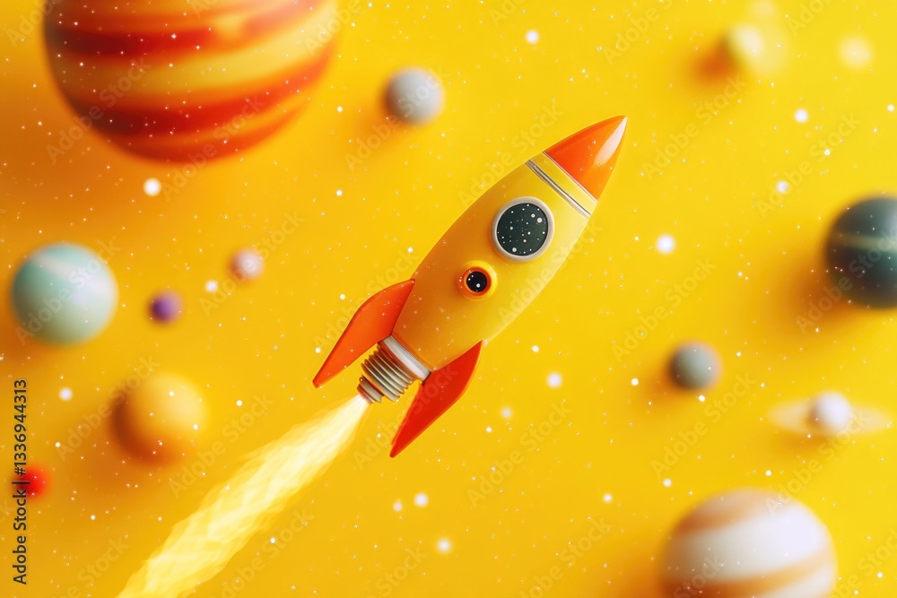 Poster a toy rocket soaring through space amidst distant planets, perfect for sci-fi themed illustrations a