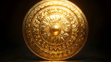 Golden Decorative Shield Featuring Intricate Floral Patterns Illuminated Dramatically With Soft Lighting to Emphasize Its Texture and Shine