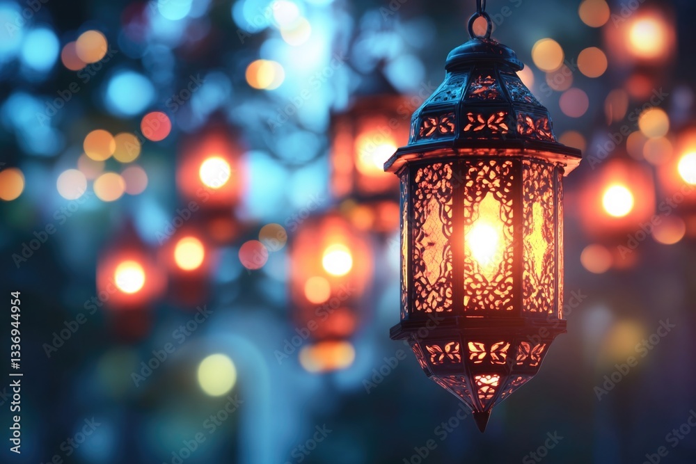 Poster a close-up shot of a lantern with lights in the background, ideal for use in interior design, event 