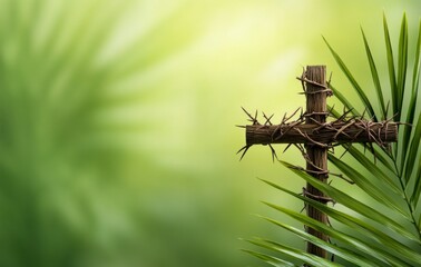 Wooden Cross with Crown of Thorns on Palm Sunday Green Backdrop