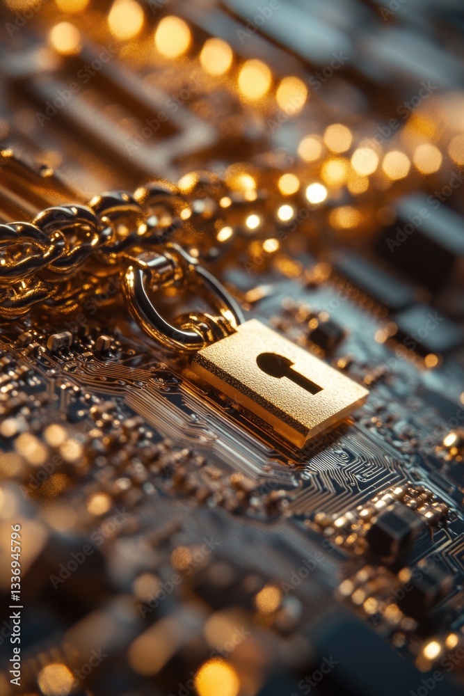 Poster a close-up view of a metal padlock secured onto a circuit board, likely used for protection or secur