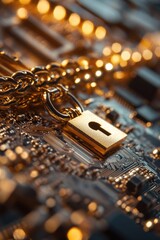 A close-up view of a metal padlock secured onto a circuit board, likely used for protection or securing electronic components