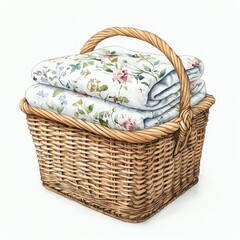 Woven basket with floral blankets stacked inside, perfect for a cozy setting.