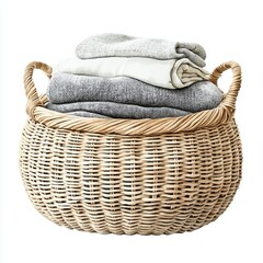 Obraz premium Woven basket filled with neatly folded blankets in neutral colors.