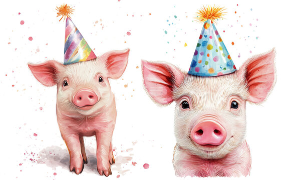 drawing portrait of cute little baby pig with birthday cap isolated on transparent background