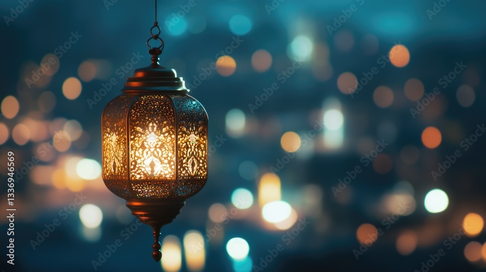 Poster a lantern hangs from a chain against a brightly lit background
