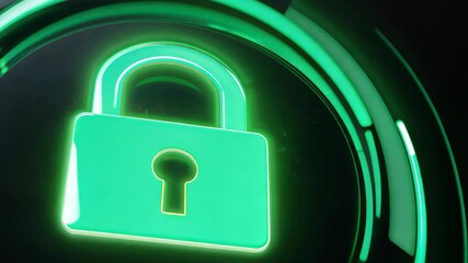 A vibrant neon green lock symbol set against a dark background, representing security and protection in the digital world. Ideal for technology themes.