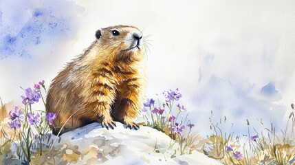 A marmot appears perched on a rock, observing its surroundings among vibrant wildflowers. The bright colors enhance the peaceful nature of this outdoor scene