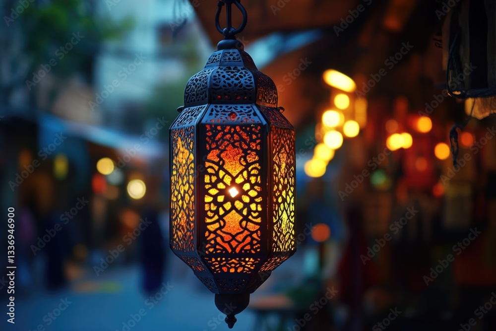 Poster a lantern hangs from the side of a building