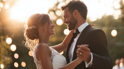 Couple dancing together at a wedding celebration