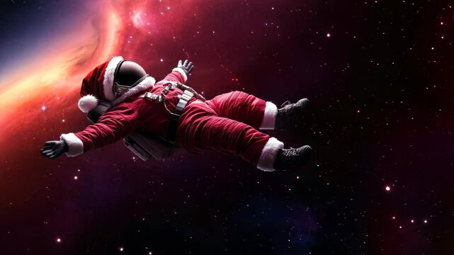 A whimsical astronaut dressed as Santa Claus floats serenely in outer space, surrounded by a stunning galaxy filled with vibrant stars, inspiring joy and wonder.
