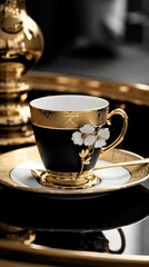 Fototapeta premium Gold cup saucer coffee drink.