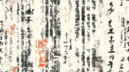 columns and rows of small black and red Asian calligraphy characters, white grunge background, seamless pattern