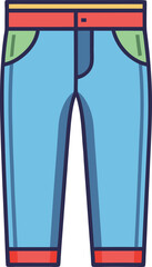 Colorful Blue Jeans Vector Illustration, Vector illustration of blue jeans with a red belt, green pockets, and red cuffs, designed in a modern flat style with bold outlines.  
