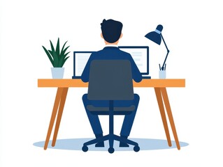 Man working at a desk with a laptop, plants, and a lamp in a modern office