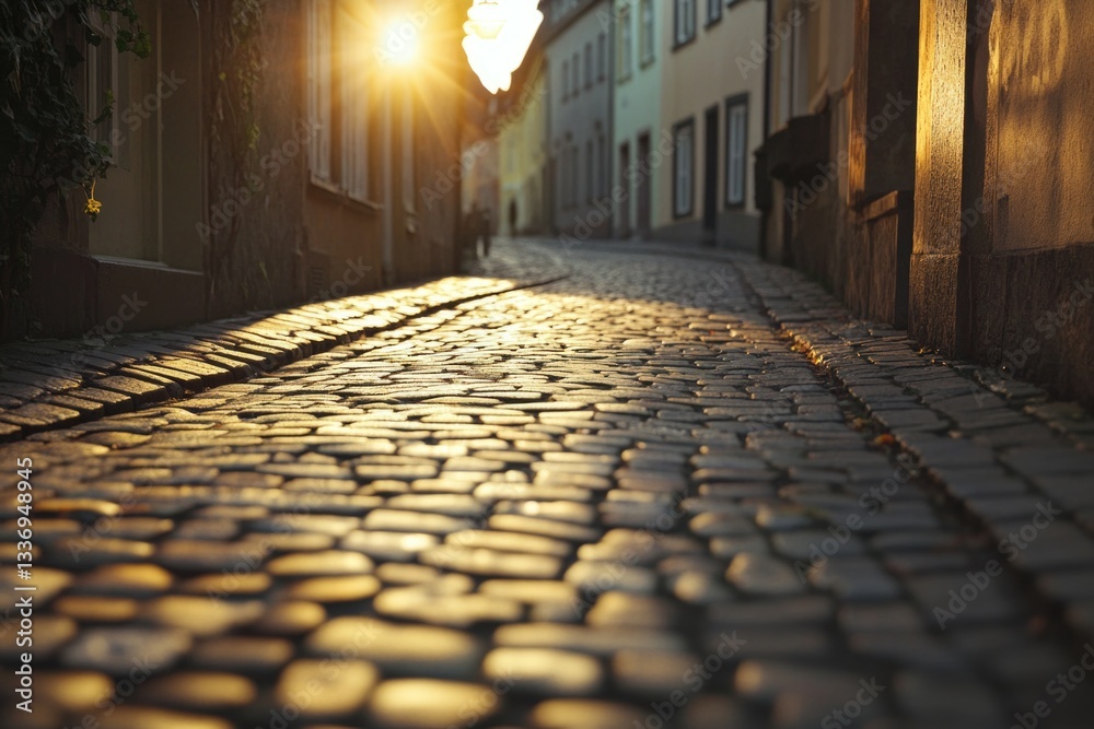 Poster a quiet cobblestone street with the sun setting behind the buildings, perfect for use in travel or a
