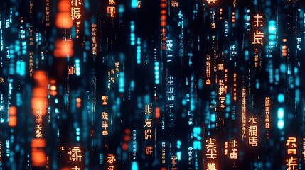 Obraz premium digital information data floating in air in many languages, neon message glowing on dark, data center and digital footprint concept 