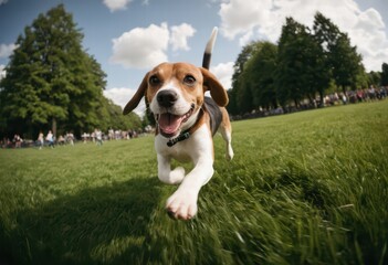 beagle dog running happy in a green public park, fur pet playing, excited fluffy on the nature, doggy