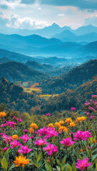 Obraz premium breathtaking panoramic view of hillside adorned with vibrant blooming flowers, showcasing stunning landscape of mountains and valleys background. scene evokes sense of tranquility and natural