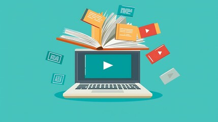 Learning resources on a laptop.  Open book with various educational materials floating around a laptop computer, symbolizing online learning and multimedia resources