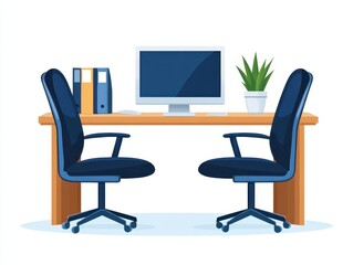 Fototapeta premium Modern office workspace featuring a desk, computer, and two chairs with a plant