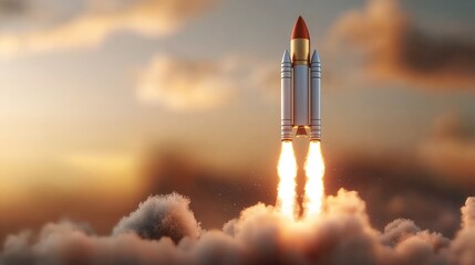 A 3D-rendered animation of a spaceship launching into deep space