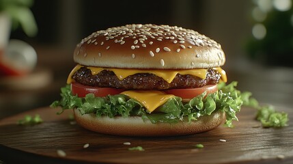 Delicious, freshly made cheeseburger on a wooden board