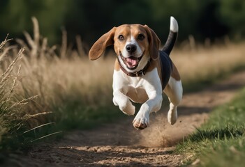 happy beagle dog running happy in the countryside, fur pet playing, excited fluffy on the nature, doggy