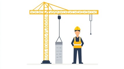 Construction worker near crane, concrete pillar