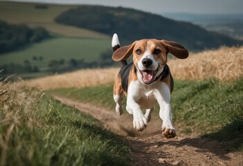 beagle dog running in the countryside, pet on a meadown between the hills