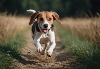 happy beagle dog running happy in the countryside, fur pet playing, excited fluffy on the nature, doggy