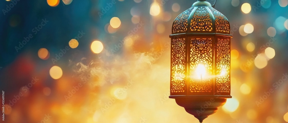 Poster A lantern hanging from a string with warm lights in the background, suitable for use as a decorative element or to add ambiance