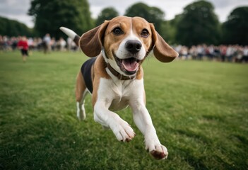 beagle dog running happy in urban park on the city, doggy playing on the grass