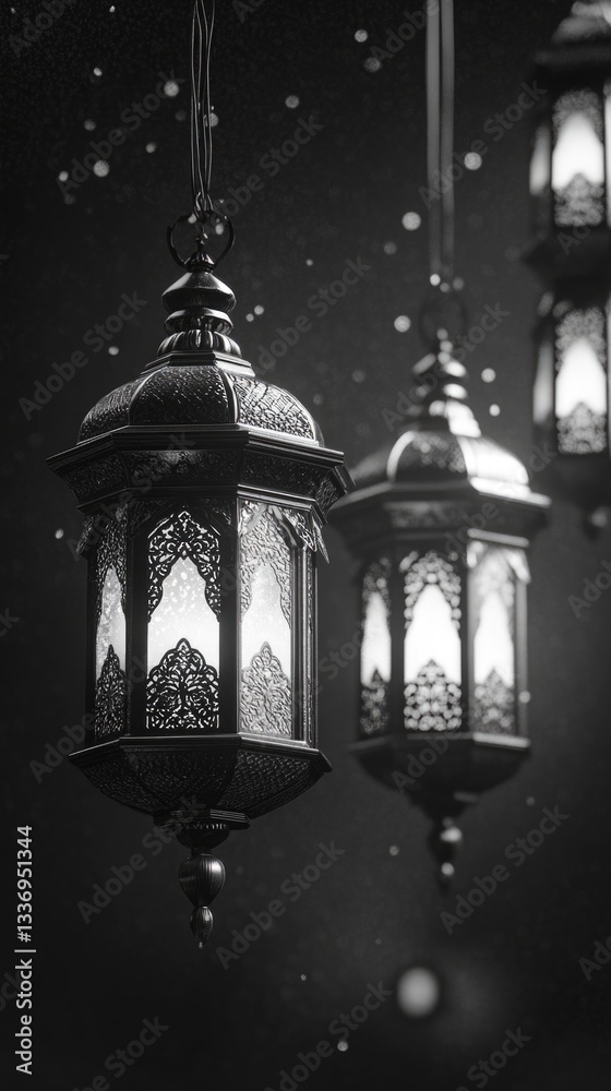 Poster a trio of lanterns suspended from above, in a simple yet elegant arrangement
