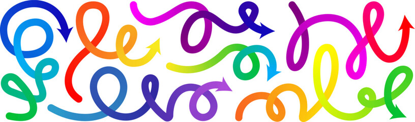 Obraz premium Gradient line arrow vector set. Curved shape doodle icon element, gradation squiggly brush bg. Up and down direction scribble stroke carnival pattern. Change plan graphic sign, color circle curly bold