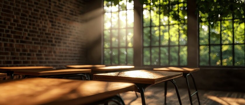 Sunlit Classroom Interior with Empty Desks