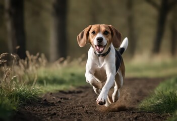 beagle dog running in the countryside, doggy animal on meadwon