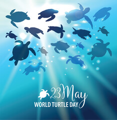 World Turtle Day 23 May background. Turtle swims in the ocean against the background of the sun. Vector illustration
