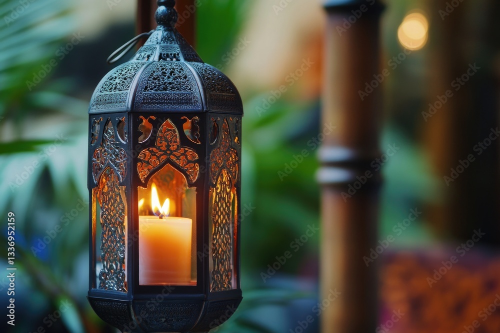 Poster A candle is lit inside a decorative lantern, ideal for using as a background or adding ambiance to your scene