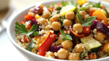 A healthy quinoa salad with roasted vegetables, chickpeas, and a lemon dressing, styled with bright, fresh lighting