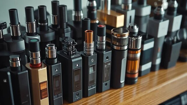 Variety of modern vaping devices arranged neatly on a wooden shelf in a well-lit space