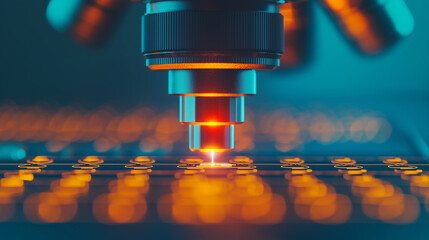 Automated inspection system with microscope focusing on circuit board components, showcasing precision and technology in action
