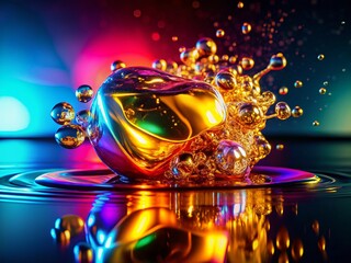 Fototapeta premium Abstract Gold Rubber Reflection, Neon Lights & Splash, Glass Surface