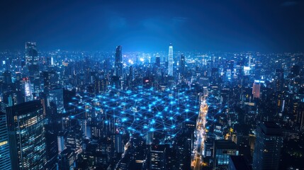 Obraz premium Night city skyline interconnected network. Aerial view. Stock photo