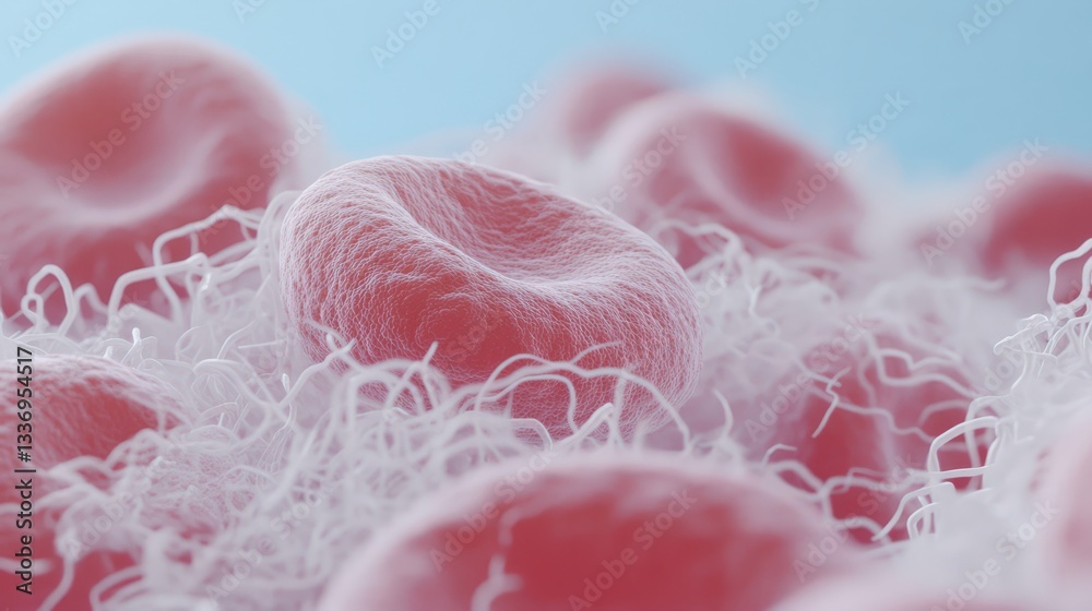 Fototapete close-up view of red blood cells rendered with soft textures and smooth surfaces against a blue back
