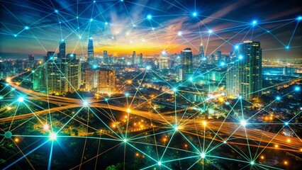 Obraz premium Abstract Network Connections: Digital Data Visualization Double Exposure Stock Photo