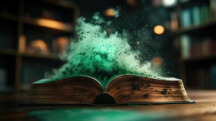 A bookstore where pages release glowing dust when flipped